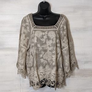 Democracy Tan and Cream Floral Embroidered Blouse with Bell Sleeves Size M